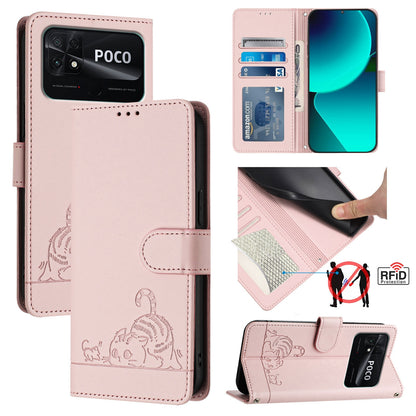 Xiaomi Redmi 10C Cat & Rat Embossed RFID Leather Case, Lanyard, Wallet, Card Slots, Kickstand, Anti-Fall, Scratch-Resistant