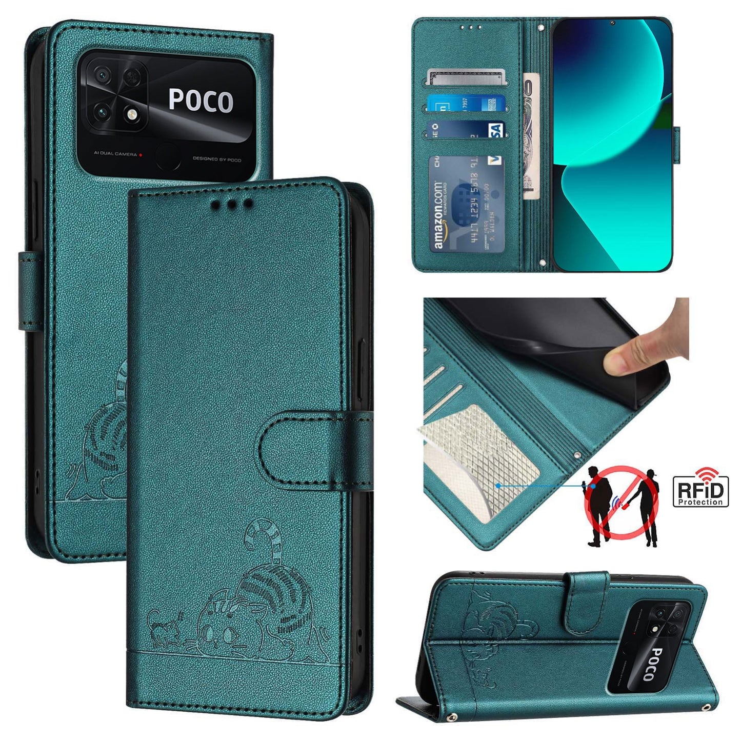 Xiaomi POCO C40 Cat & Rat Embossed RFID Leather Case, Lanyard, Wallet, Card Slots, Kickstand, Anti-Fall, Scratch-Resistant
