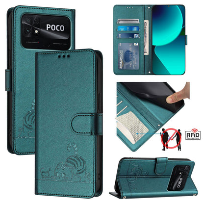 Xiaomi Redmi 10C Cat & Rat Embossed RFID Leather Case, Lanyard, Wallet, Card Slots, Kickstand, Anti-Fall, Scratch-Resistant