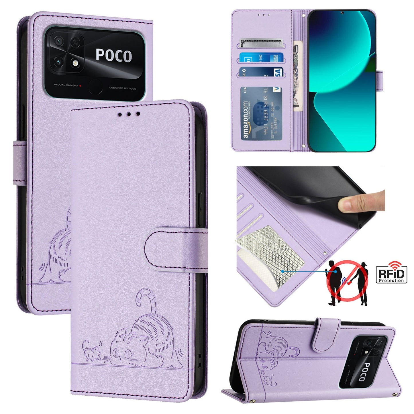 Xiaomi POCO C40 Cat & Rat Embossed RFID Leather Case, Lanyard, Wallet, Card Slots, Kickstand, Anti-Fall, Scratch-Resistant