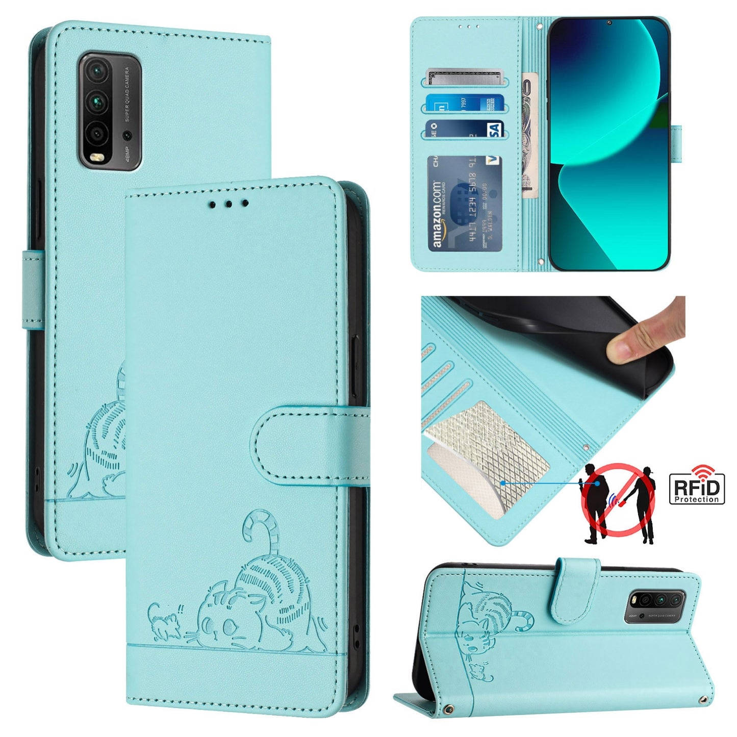 Xiaomi POCO M3 Cat & Rat Embossed RFID Leather Case, Lanyard, Wallet, Card Slots, Kickstand, Anti-Fall, Scratch-Resistant