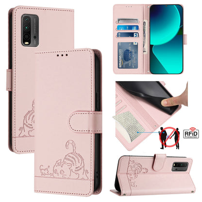 Xiaomi POCO M3 Cat & Rat Embossed RFID Leather Case, Lanyard, Wallet, Card Slots, Kickstand, Anti-Fall, Scratch-Resistant