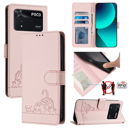 Xiaomi POCO M4 Pro 4G Cat & Rat Embossed RFID Leather Case, Lanyard, Wallet, Card Slots, Kickstand, Anti-Fall, Scratch-Resistant