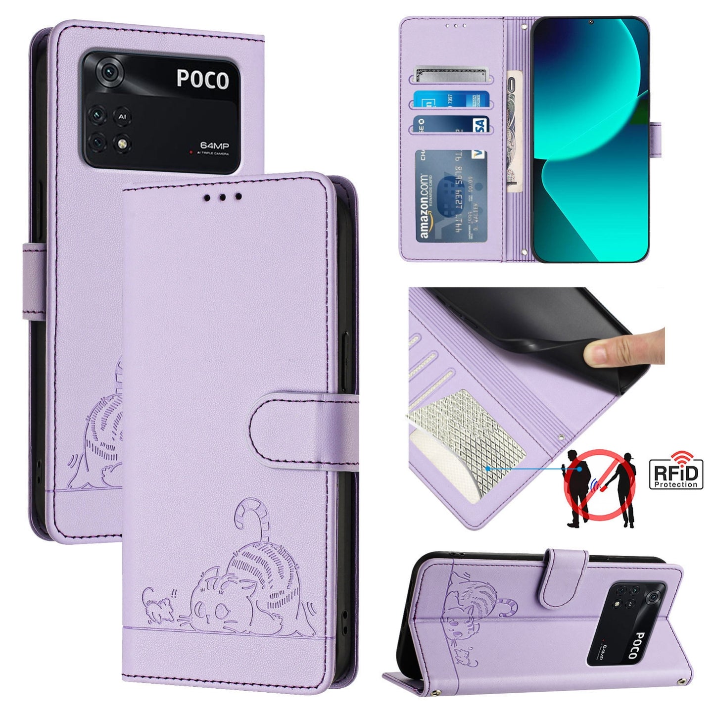 Xiaomi POCO M4 Pro 4G Cat & Rat Embossed RFID Leather Case, Lanyard, Wallet, Card Slots, Kickstand, Anti-Fall, Scratch-Resistant