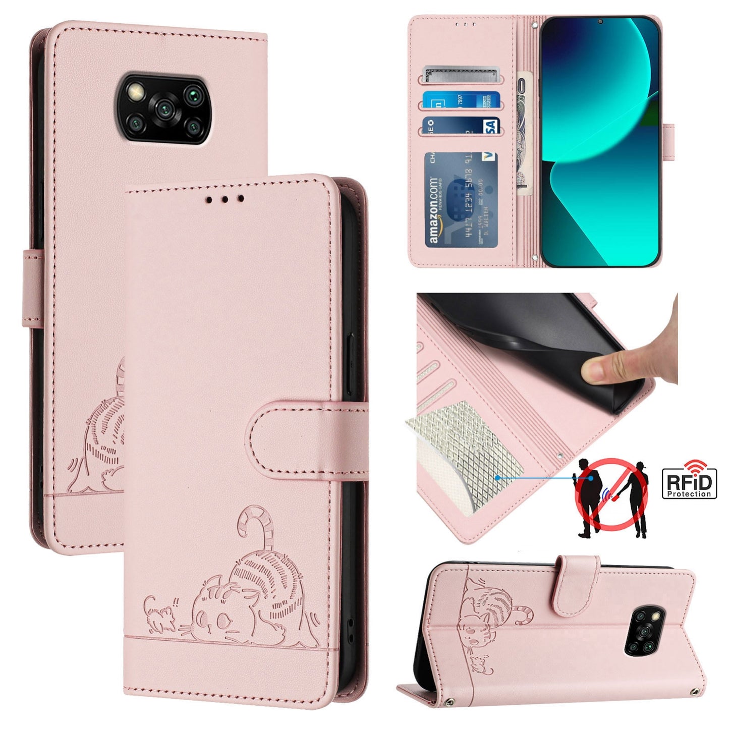 Xiaomi POCO X3 Cat & Rat Embossed RFID Leather Case, Lanyard, Wallet, Card Slots, Kickstand, Anti-Fall, Scratch-Resistant