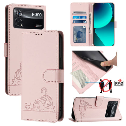 Xiaomi POCO X4 Pro 5G Cat & Rat Embossed RFID Leather Case, Lanyard, Wallet, Card Slots, Kickstand, Anti-Fall, Scratch-Resistant
