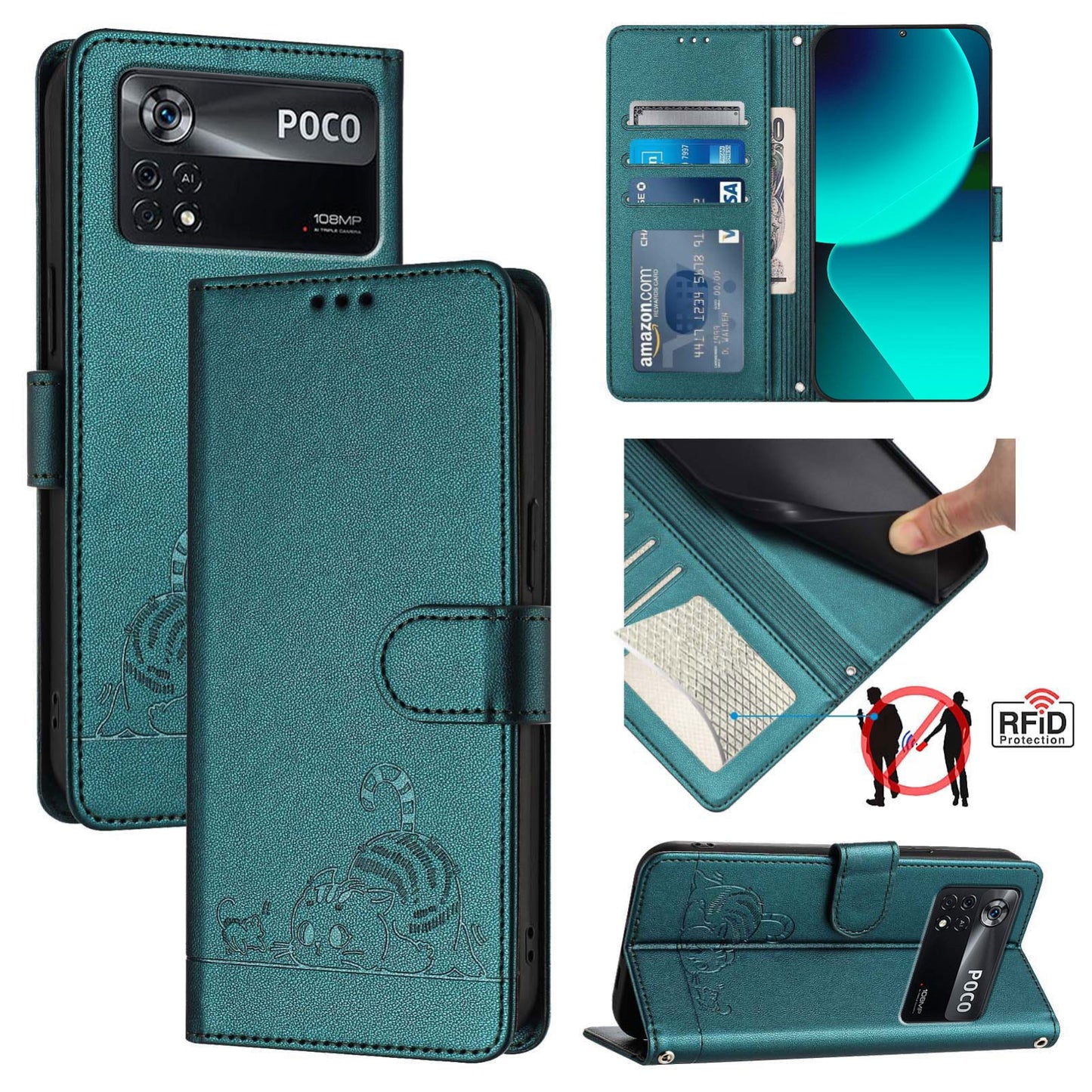 Xiaomi POCO X4 Pro 5G Cat & Rat Embossed RFID Leather Case, Lanyard, Wallet, Card Slots, Kickstand, Anti-Fall, Scratch-Resistant