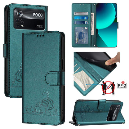 Xiaomi POCO X4 Pro 5G Cat & Rat Embossed RFID Leather Case, Lanyard, Wallet, Card Slots, Kickstand, Anti-Fall, Scratch-Resistant