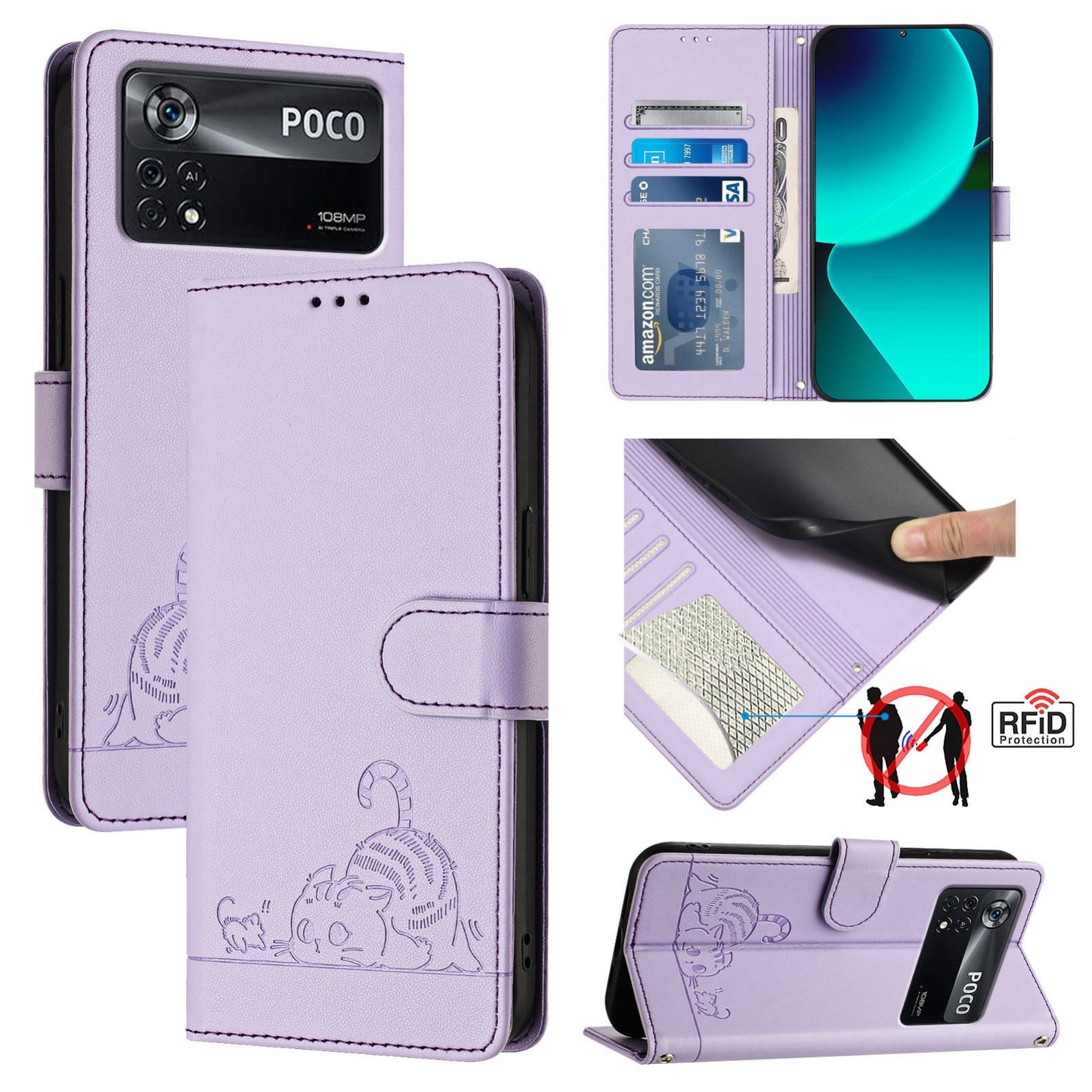 Xiaomi POCO X4 Pro 5G Cat & Rat Embossed RFID Leather Case, Lanyard, Wallet, Card Slots, Kickstand, Anti-Fall, Scratch-Resistant