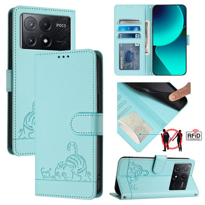 Xiaomi Redmi K70e Cat & Rat Embossed RFID Leather Case, Lanyard, Wallet, Card Slots, Kickstand, Anti-Fall, Scratch-Resistant