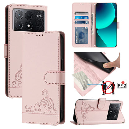 Xiaomi Redmi K70e Cat & Rat Embossed RFID Leather Case, Lanyard, Wallet, Card Slots, Kickstand, Anti-Fall, Scratch-Resistant