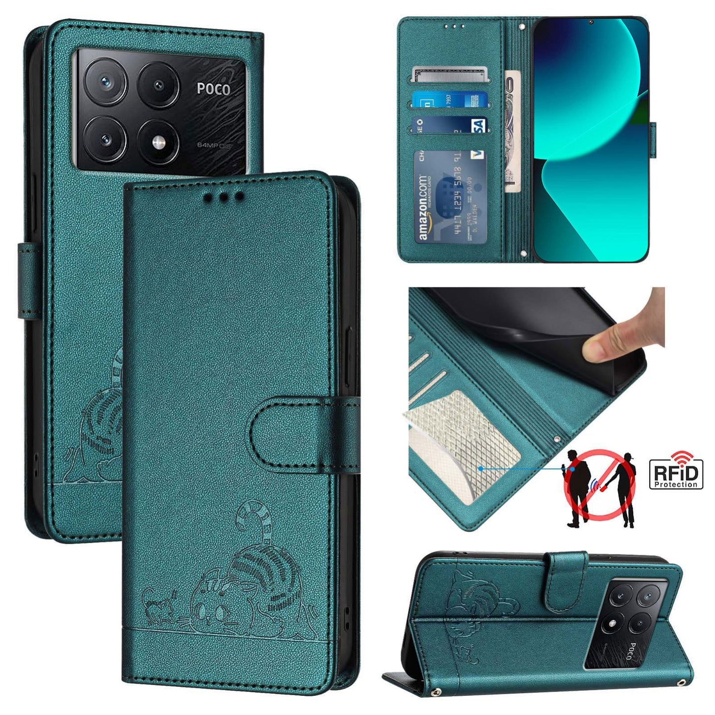 Xiaomi POCO X6 Pro 5G Cat & Rat Embossed RFID Leather Case, Lanyard, Wallet, Card Slots, Kickstand, Anti-Fall, Scratch-Resistant