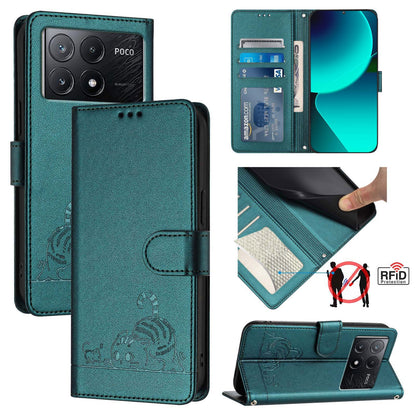 Xiaomi Redmi K70e Cat & Rat Embossed RFID Leather Case, Lanyard, Wallet, Card Slots, Kickstand, Anti-Fall, Scratch-Resistant