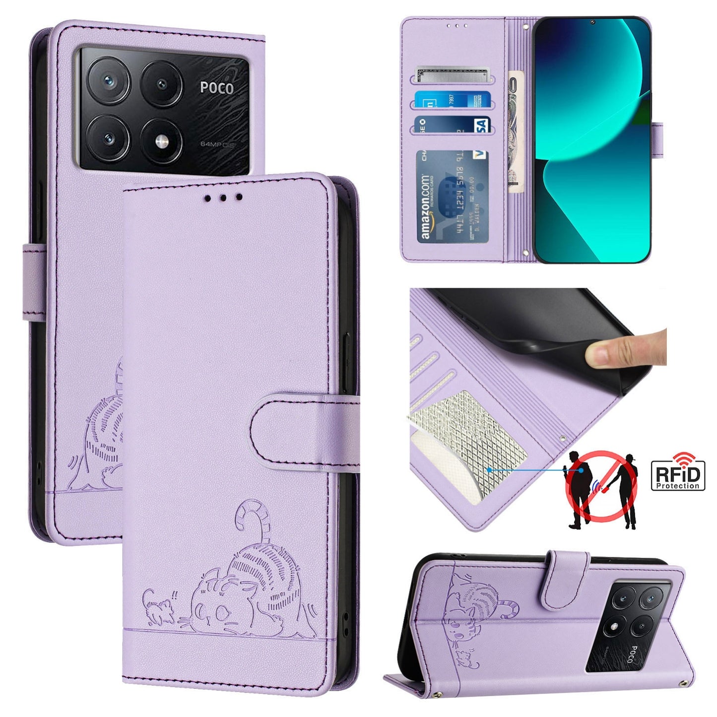 Xiaomi POCO X6 Pro 5G Cat & Rat Embossed RFID Leather Case, Lanyard, Wallet, Card Slots, Kickstand, Anti-Fall, Scratch-Resistant