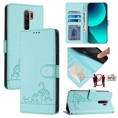 Xiaomi Redmi 9 Cat & Rat Embossed RFID Leather Case, Lanyard, Wallet, Card Slots, Kickstand, Anti-Fall, Scratch-Resistant