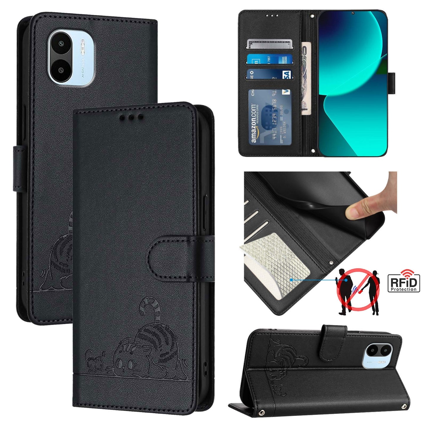 Xiaomi Redmi A2 4G Cat & Rat Embossed RFID Leather Case, Lanyard, Wallet, Card Slots, Kickstand, Anti-Fall, Scratch-Resistant