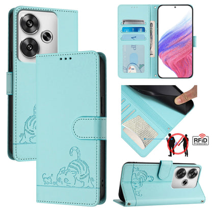 Xiaomi POCO F6 5G Cat & Rat Embossed RFID Leather Case, Lanyard, Wallet, Card Slots, Kickstand, Anti-Fall, Scratch-Resistant