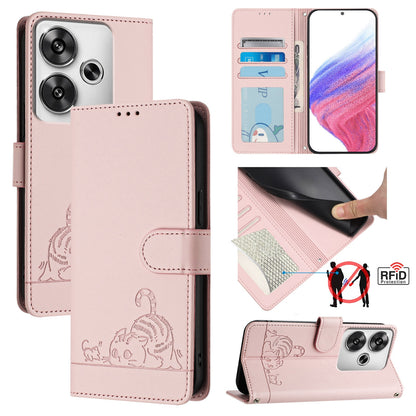 Xiaomi POCO F6 5G Cat & Rat Embossed RFID Leather Case, Lanyard, Wallet, Card Slots, Kickstand, Anti-Fall, Scratch-Resistant
