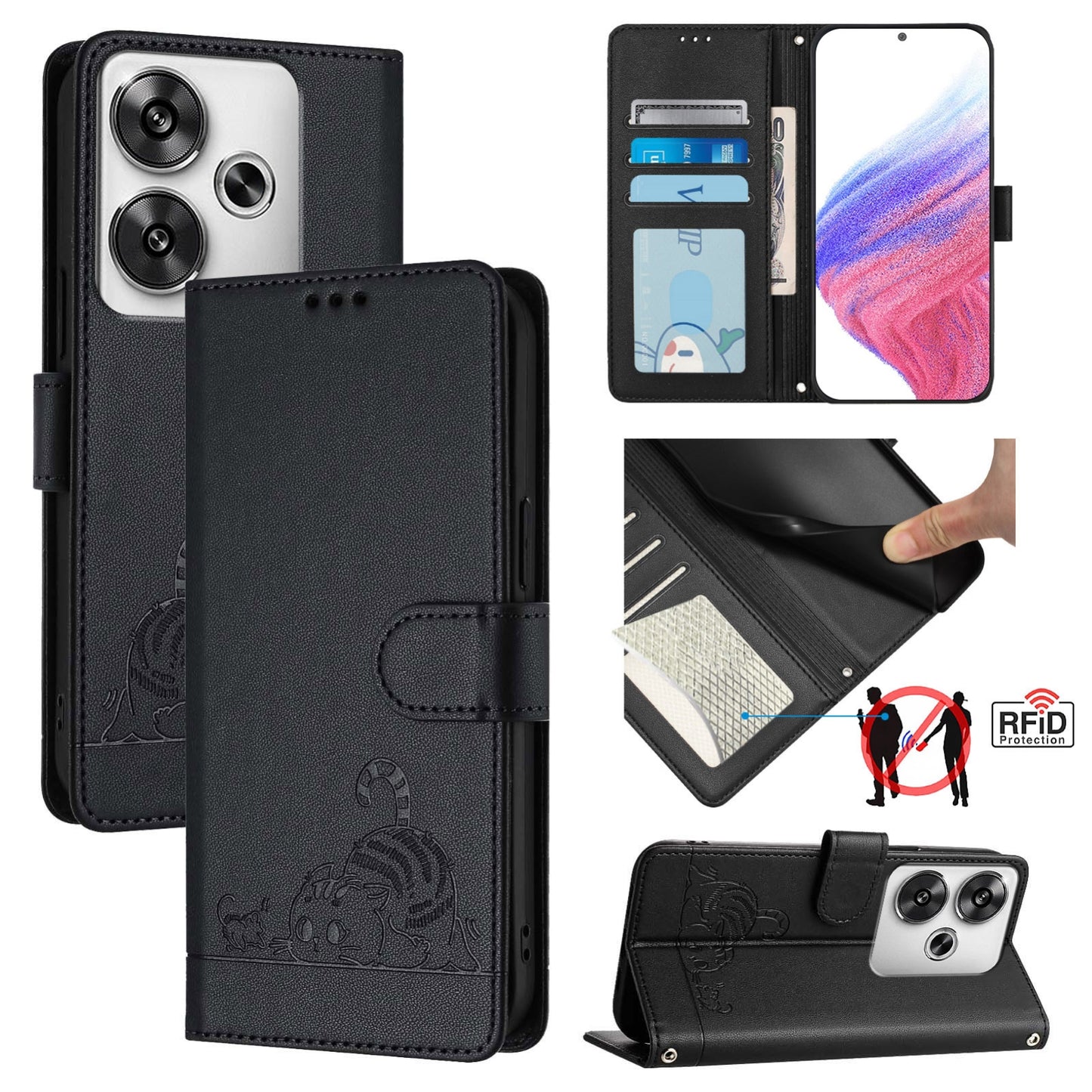 Xiaomi POCO F6 5G Cat & Rat Embossed RFID Leather Case, Lanyard, Wallet, Card Slots, Kickstand, Anti-Fall, Scratch-Resistant