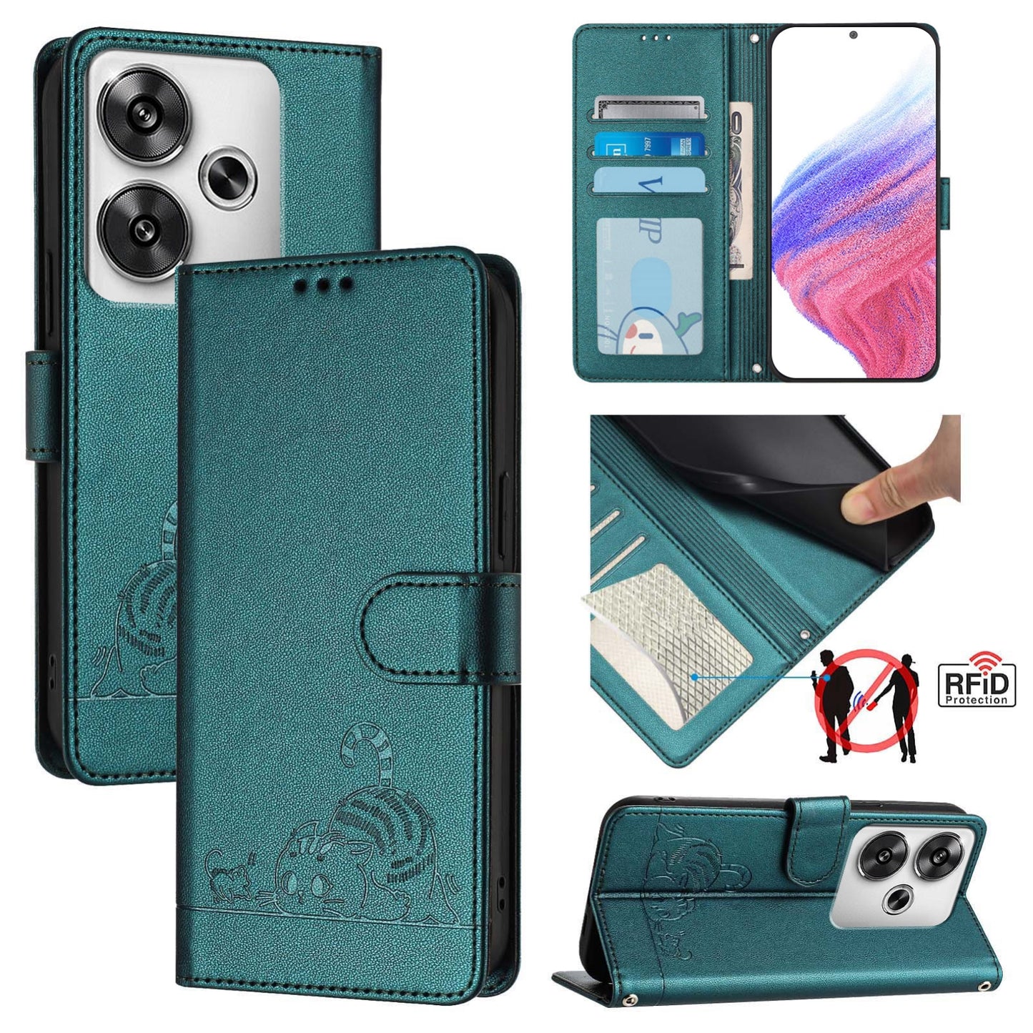 Xiaomi POCO F6 5G Cat & Rat Embossed RFID Leather Case, Lanyard, Wallet, Card Slots, Kickstand, Anti-Fall, Scratch-Resistant