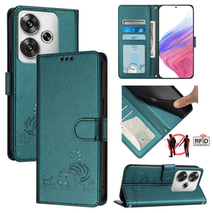 Xiaomi POCO F6 5G Cat & Rat Embossed RFID Leather Case, Lanyard, Wallet, Card Slots, Kickstand, Anti-Fall, Scratch-Resistant