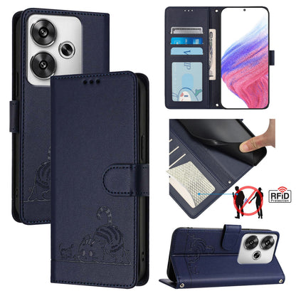 Xiaomi POCO F6 5G Cat & Rat Embossed RFID Leather Case, Lanyard, Wallet, Card Slots, Kickstand, Anti-Fall, Scratch-Resistant