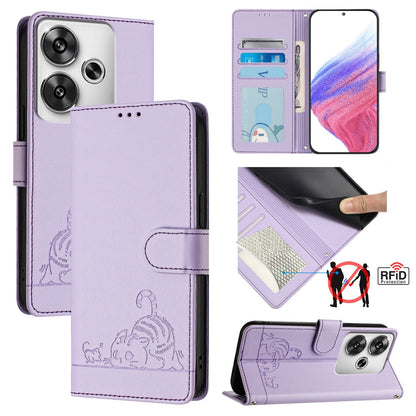 Xiaomi POCO F6 5G Cat & Rat Embossed RFID Leather Case, Lanyard, Wallet, Card Slots, Kickstand, Anti-Fall, Scratch-Resistant