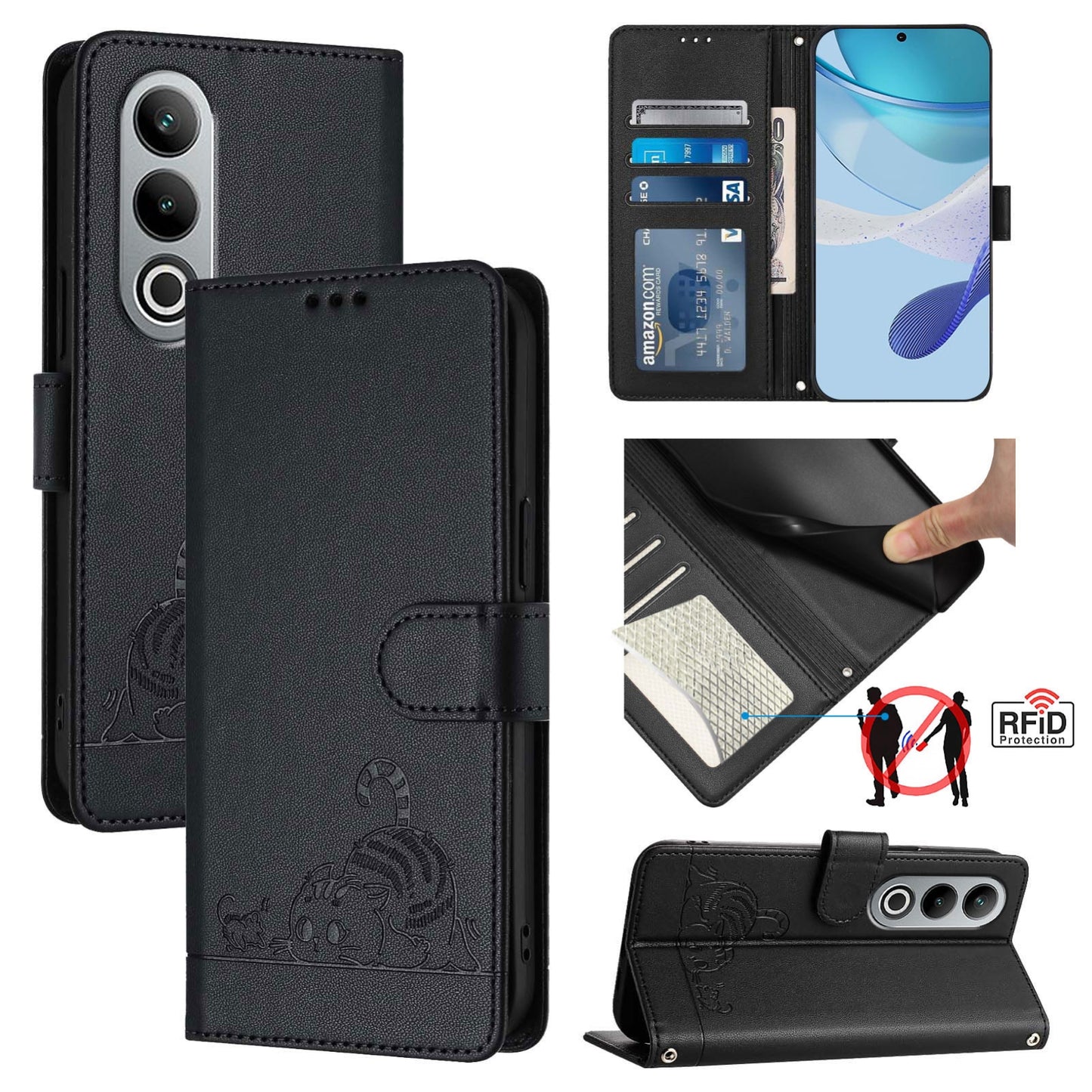 OnePlus Nord CE4 5G Cat & Rat Embossed RFID Leather Case, Lanyard, Wallet, Card Slots, Kickstand, Anti-Fall, Scratch-Resistant