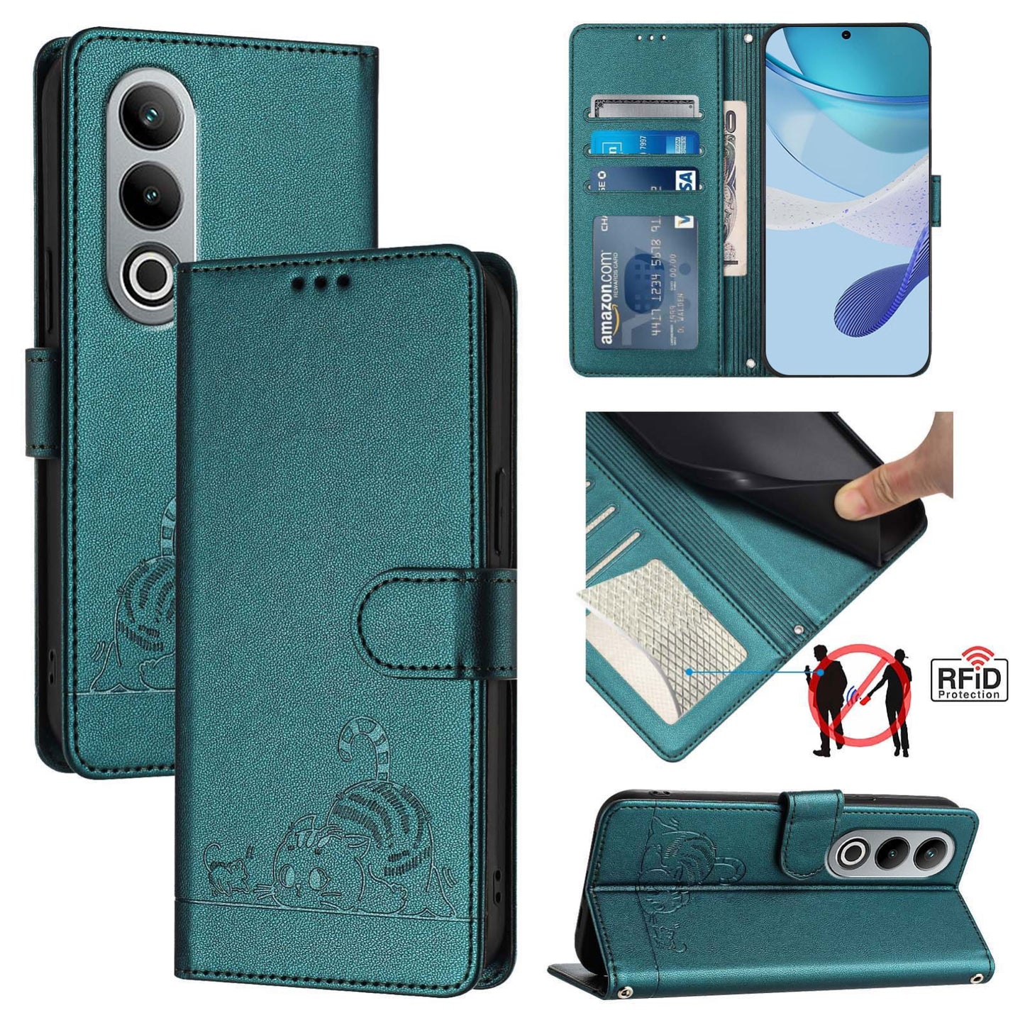 OnePlus Nord CE4 5G Cat & Rat Embossed RFID Leather Case, Lanyard, Wallet, Card Slots, Kickstand, Anti-Fall, Scratch-Resistant