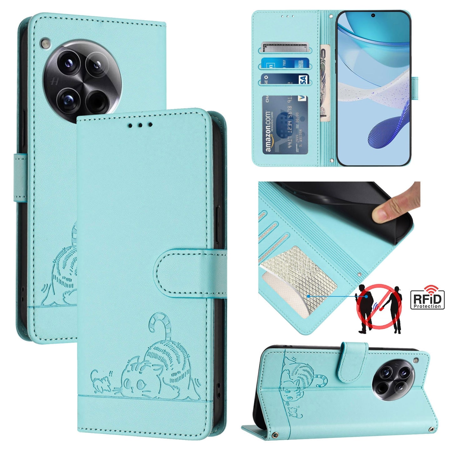 OnePlus 12 5G Cat & Rat Embossed RFID Leather Case, Lanyard, Wallet, Card Slots, Kickstand, Anti-Fall, Scratch-Resistant