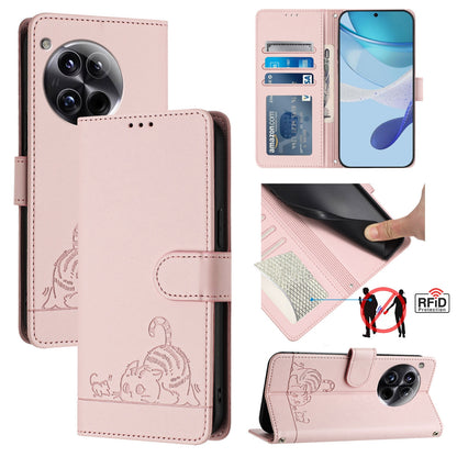 OnePlus 12 5G Cat & Rat Embossed RFID Leather Case, Lanyard, Wallet, Card Slots, Kickstand, Anti-Fall, Scratch-Resistant