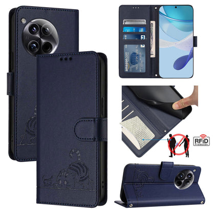 OnePlus 12 5G Cat & Rat Embossed RFID Leather Case, Lanyard, Wallet, Card Slots, Kickstand, Anti-Fall, Scratch-Resistant