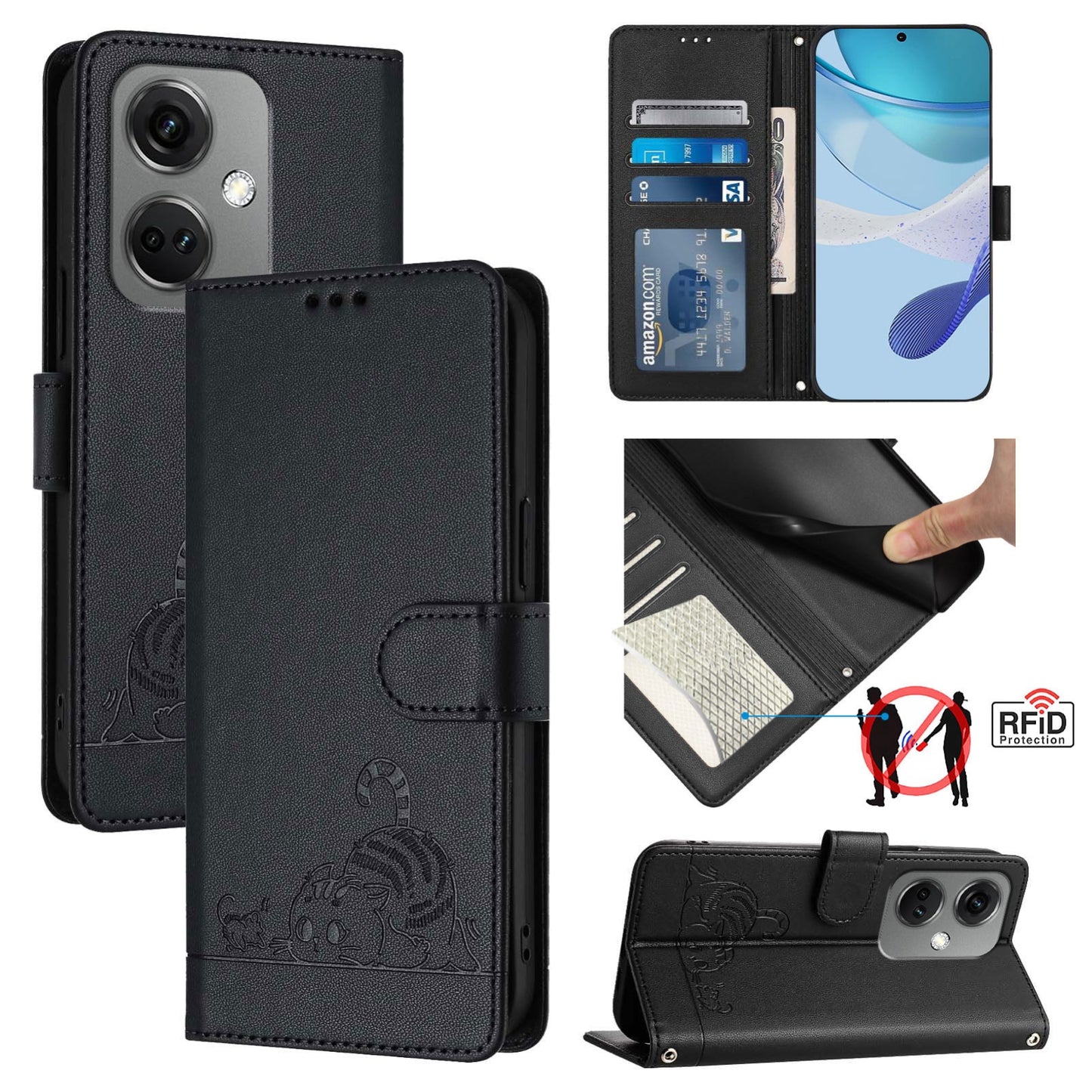 OnePlus Nord CE3 5G Cat & Rat Embossed RFID Leather Case, Lanyard, Wallet, Card Slots, Kickstand, Anti-Fall, Scratch-Resistant