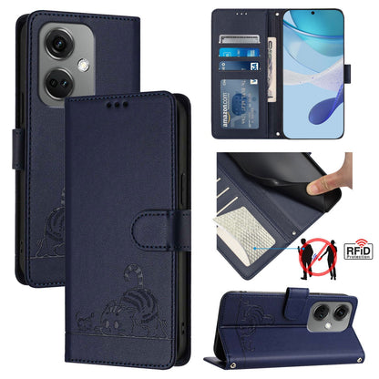 OnePlus Nord CE3 5G Cat & Rat Embossed RFID Leather Case, Lanyard, Wallet, Card Slots, Kickstand, Anti-Fall, Scratch-Resistant