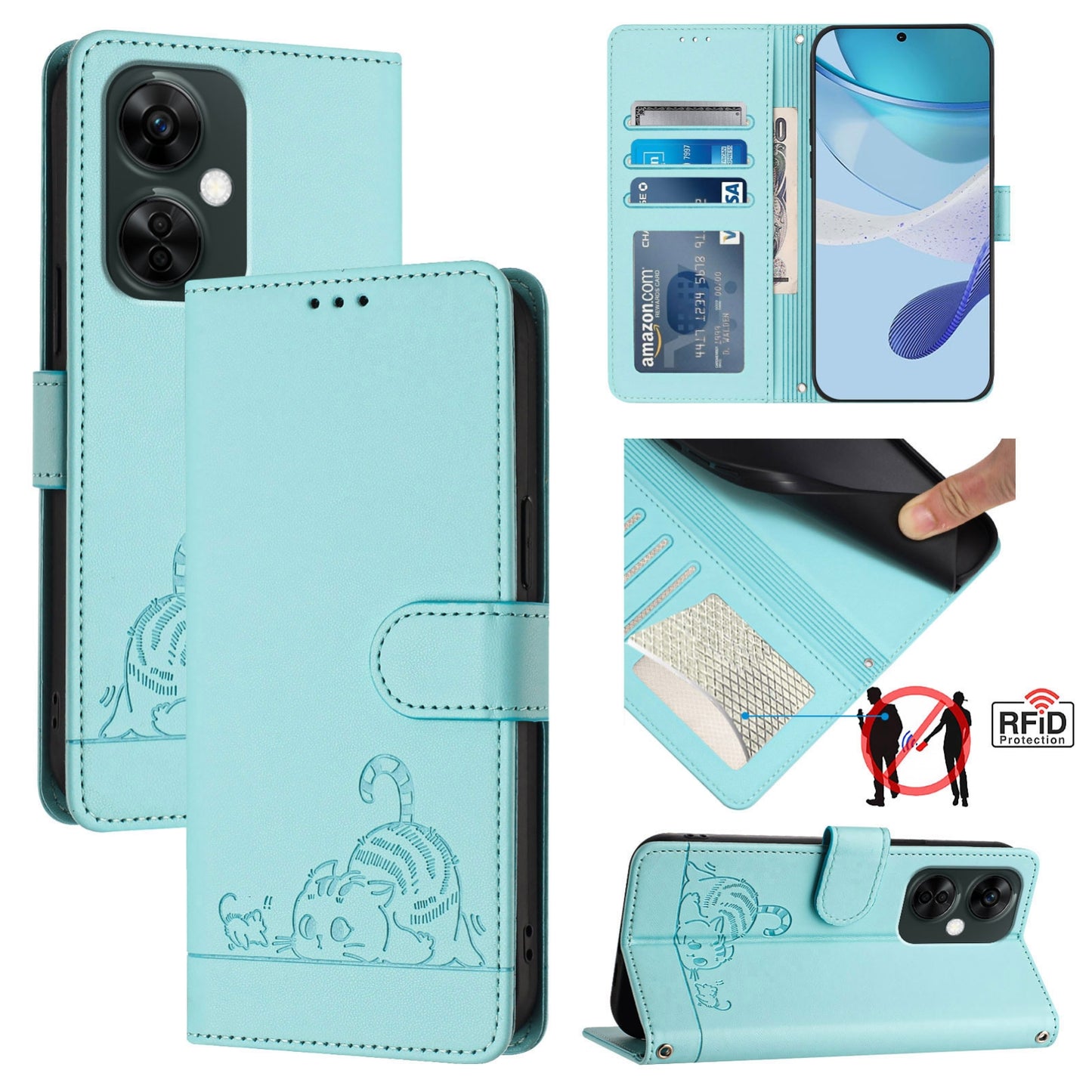 OnePlus Nord N30 Cat & Rat Embossed RFID Leather Case, Lanyard, Wallet, Card Slots, Kickstand, Anti-Fall, Scratch-Resistant