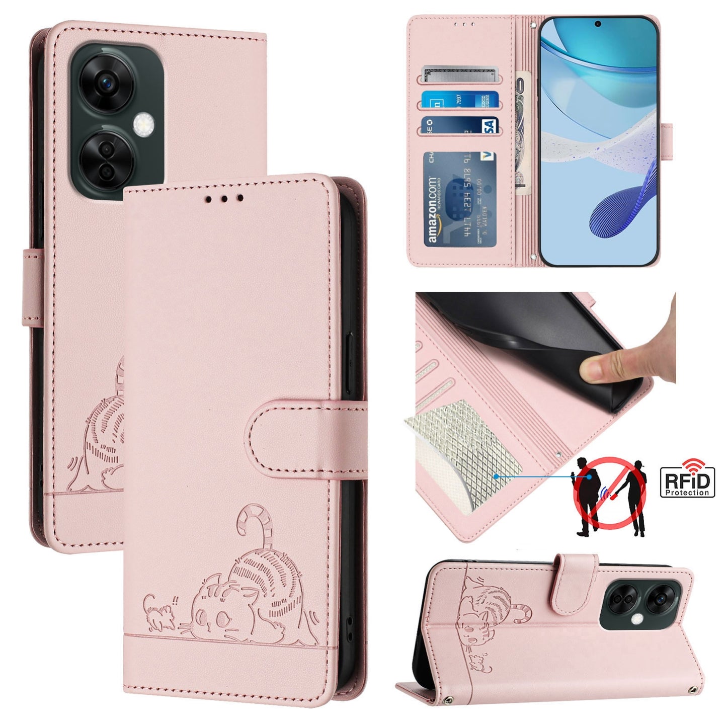 OnePlus Nord N30 Cat & Rat Embossed RFID Leather Case, Lanyard, Wallet, Card Slots, Kickstand, Anti-Fall, Scratch-Resistant