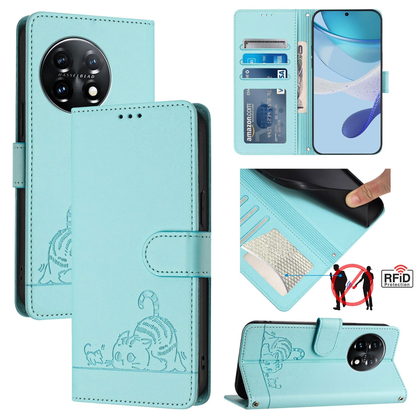 OnePlus 11 Cat & Rat Embossed RFID Leather Case, Lanyard, Wallet, Card Slots, Kickstand, Anti-Fall, Scratch-Resistant