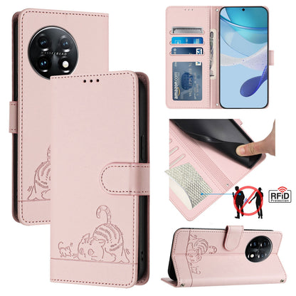 OnePlus 11 Cat & Rat Embossed RFID Leather Case, Lanyard, Wallet, Card Slots, Kickstand, Anti-Fall, Scratch-Resistant