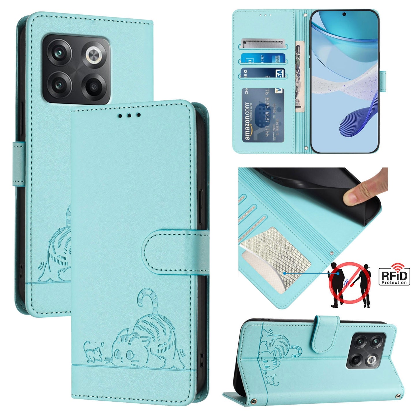 OnePlus Ace Pro 5G Cat & Rat Embossed RFID Leather Case, Lanyard, Wallet, Card Slots, Kickstand, Anti-Fall, Scratch-Resistant