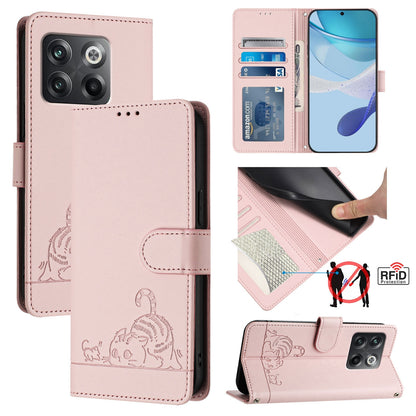 OnePlus Ace Pro 5G Cat & Rat Embossed RFID Leather Case, Lanyard, Wallet, Card Slots, Kickstand, Anti-Fall, Scratch-Resistant