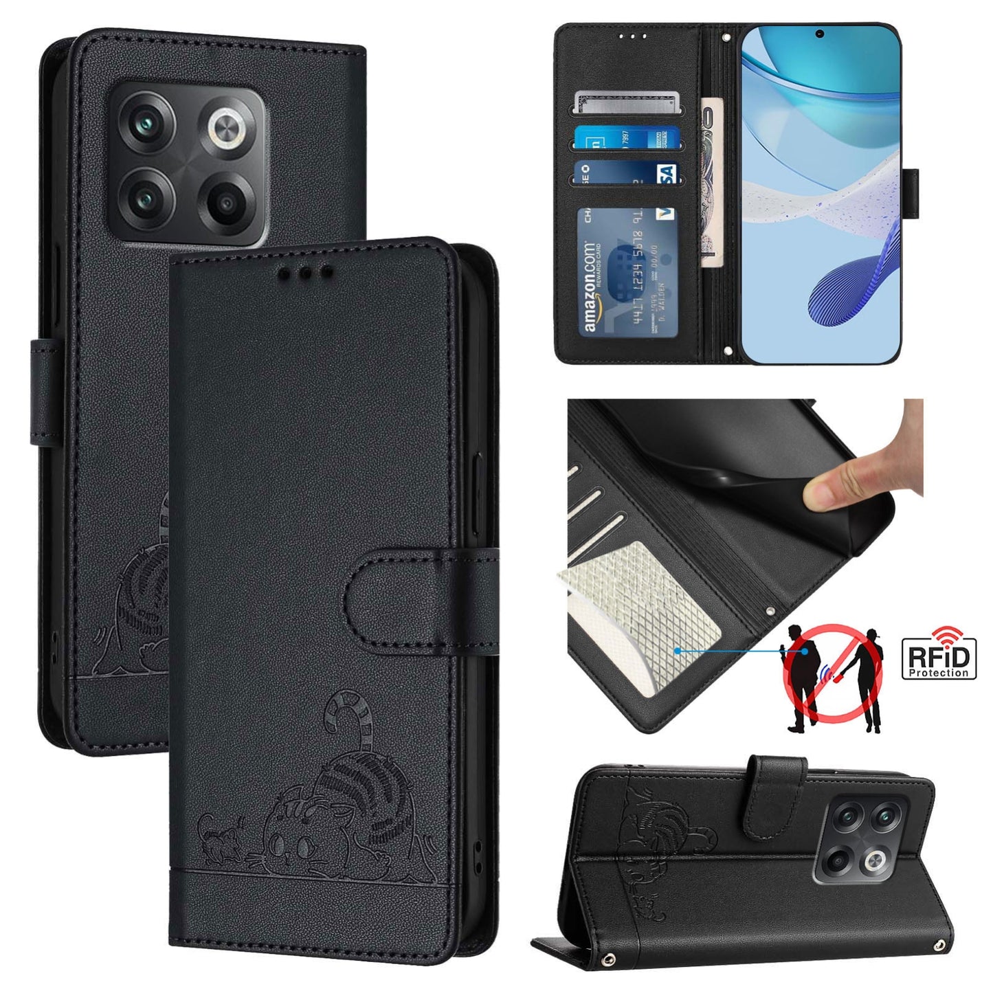 OnePlus Ace Pro 5G Cat & Rat Embossed RFID Leather Case, Lanyard, Wallet, Card Slots, Kickstand, Anti-Fall, Scratch-Resistant