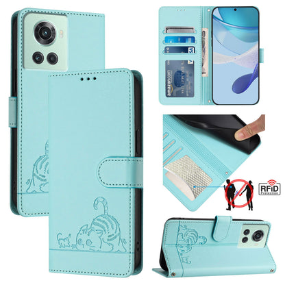 OnePlus 10R Cat & Rat Embossed RFID Leather Case, Lanyard, Wallet, Card Slots, Kickstand, Anti-Fall, Scratch-Resistant