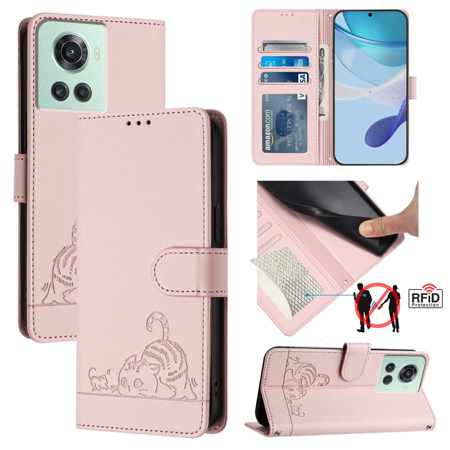 OnePlus ACE Cat & Rat Embossed RFID Leather Case, Lanyard, Wallet, Card Slots, Kickstand, Anti-Fall, Scratch-Resistant