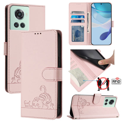 OnePlus 10R Cat & Rat Embossed RFID Leather Case, Lanyard, Wallet, Card Slots, Kickstand, Anti-Fall, Scratch-Resistant