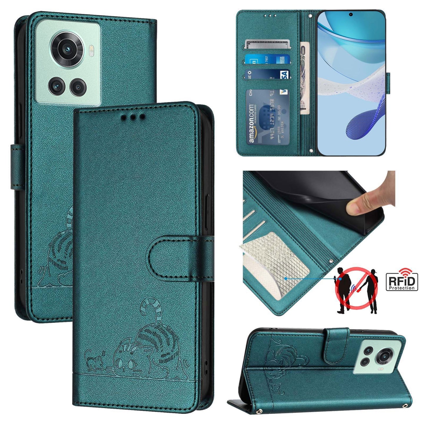 OnePlus ACE Cat & Rat Embossed RFID Leather Case, Lanyard, Wallet, Card Slots, Kickstand, Anti-Fall, Scratch-Resistant