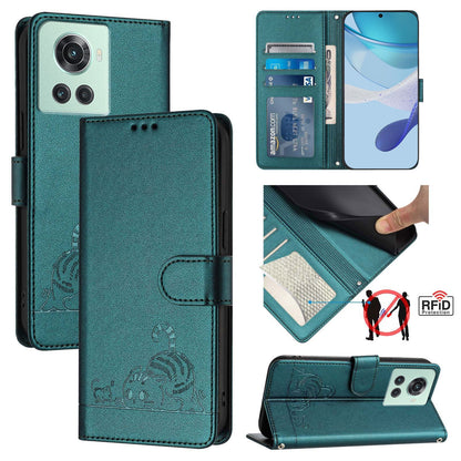 OnePlus 10R Cat & Rat Embossed RFID Leather Case, Lanyard, Wallet, Card Slots, Kickstand, Anti-Fall, Scratch-Resistant