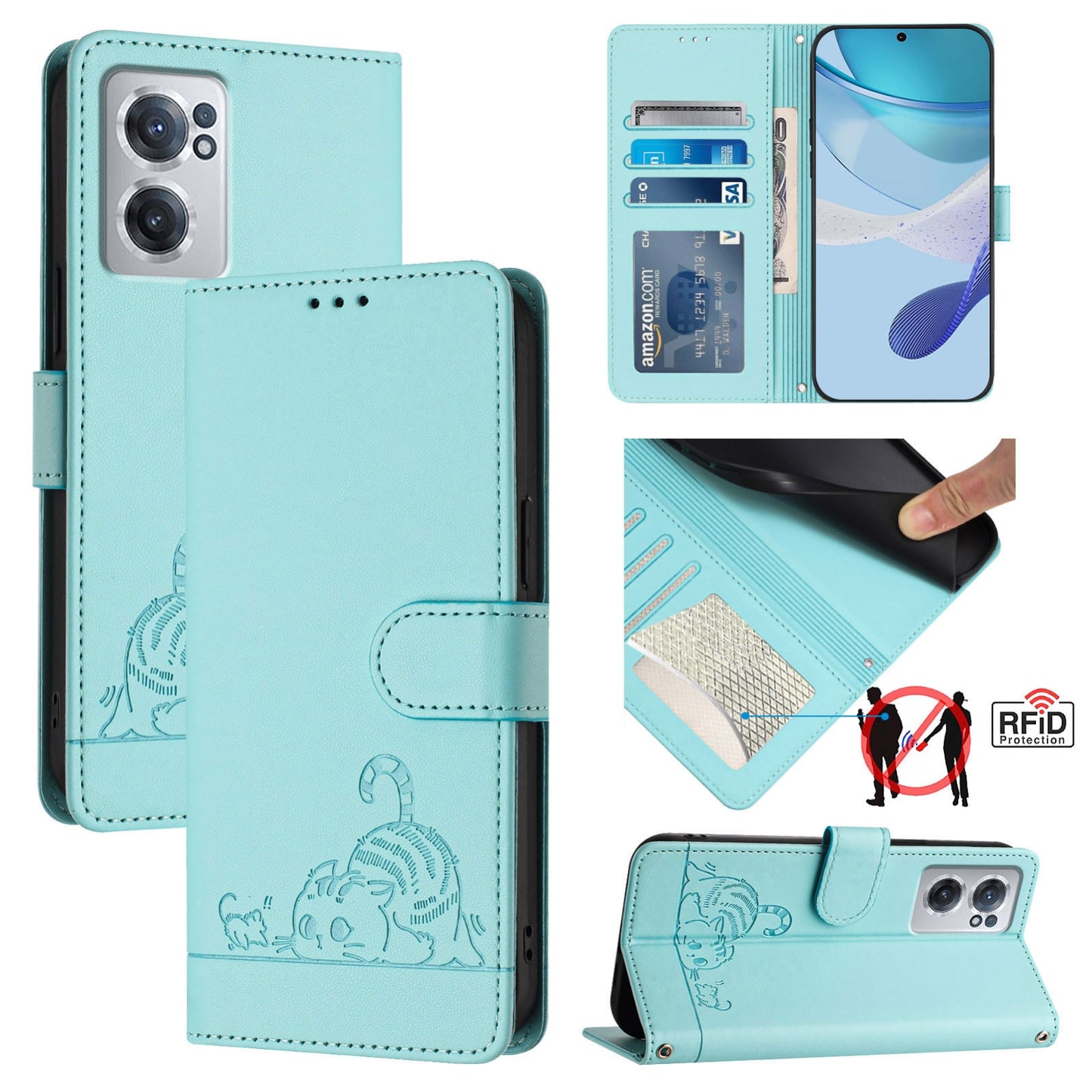 OnePlus Nord CE 2 5G Cat & Rat Embossed RFID Leather Case, Lanyard, Wallet, Card Slots, Kickstand, Anti-Fall, Scratch-Resistant