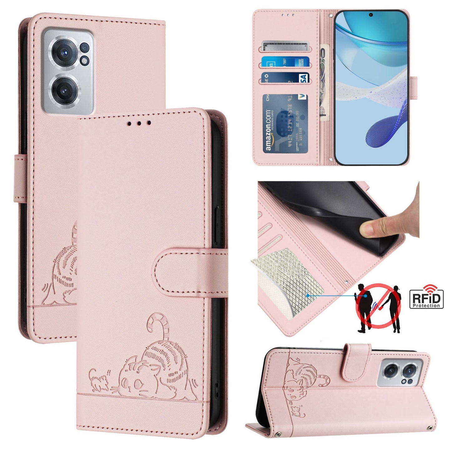 OnePlus Nord CE 2 5G Cat & Rat Embossed RFID Leather Case, Lanyard, Wallet, Card Slots, Kickstand, Anti-Fall, Scratch-Resistant