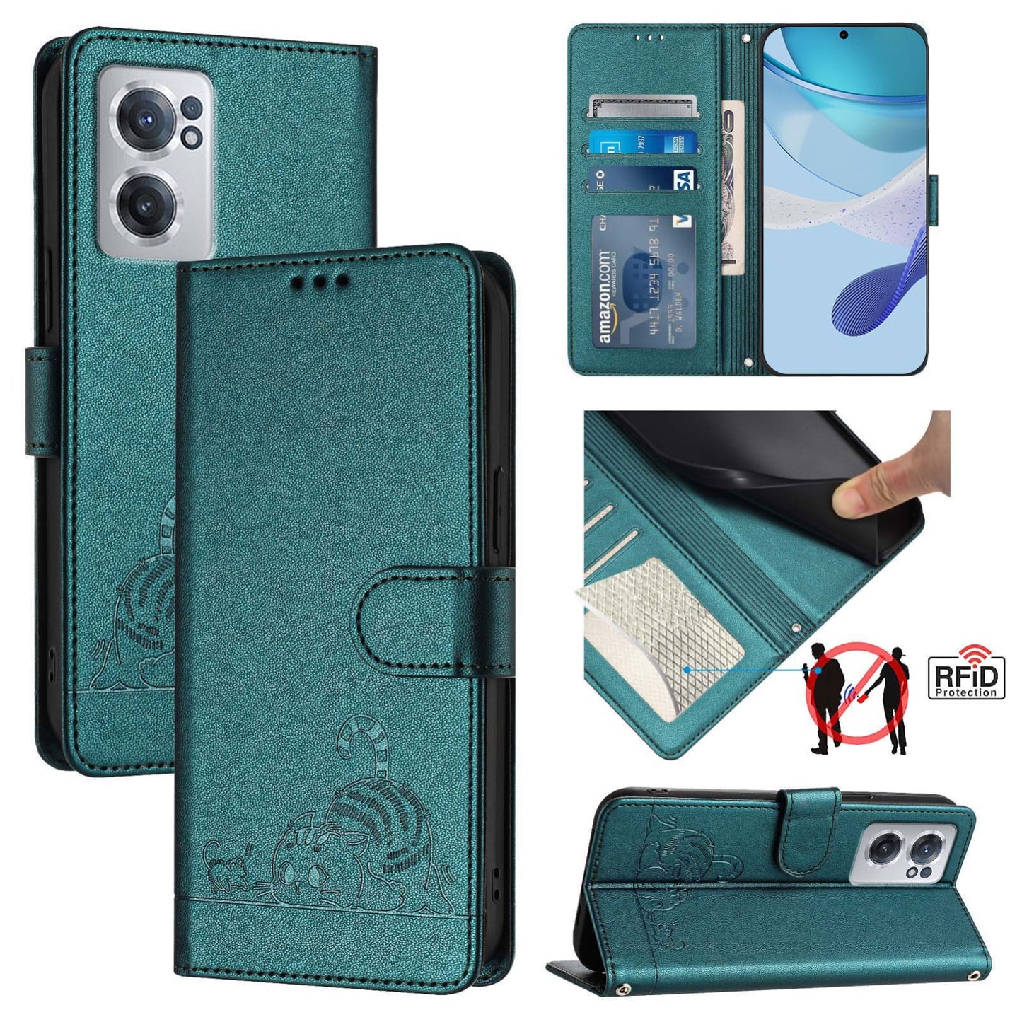 OnePlus Nord CE 2 5G Cat & Rat Embossed RFID Leather Case, Lanyard, Wallet, Card Slots, Kickstand, Anti-Fall, Scratch-Resistant