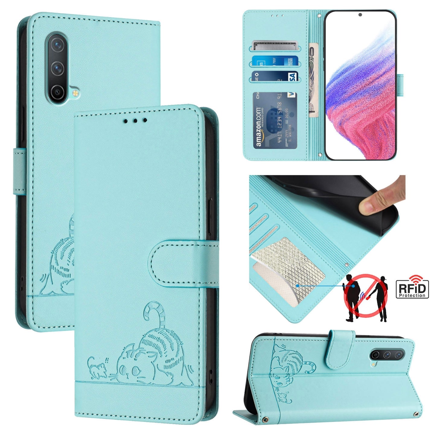OnePlus Nord CE 5G Cat & Rat Embossed RFID Leather Case, Lanyard, Wallet, Card Slots, Kickstand, Anti-Fall, Scratch-Resistant